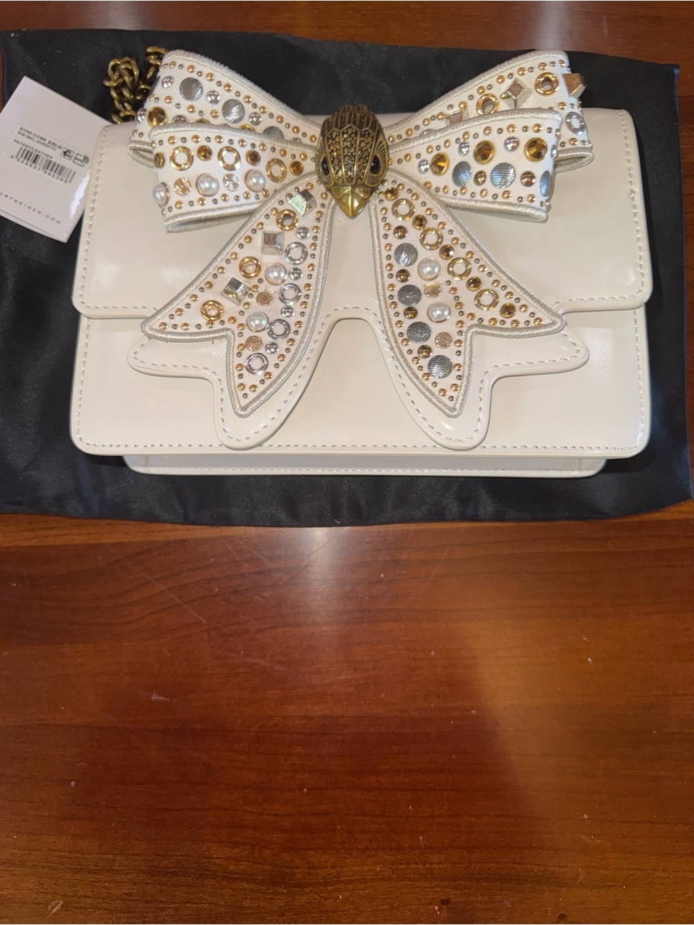 Kurt Geiger London Small Shoreditch Large Bow - NWT embellished Cream Patent